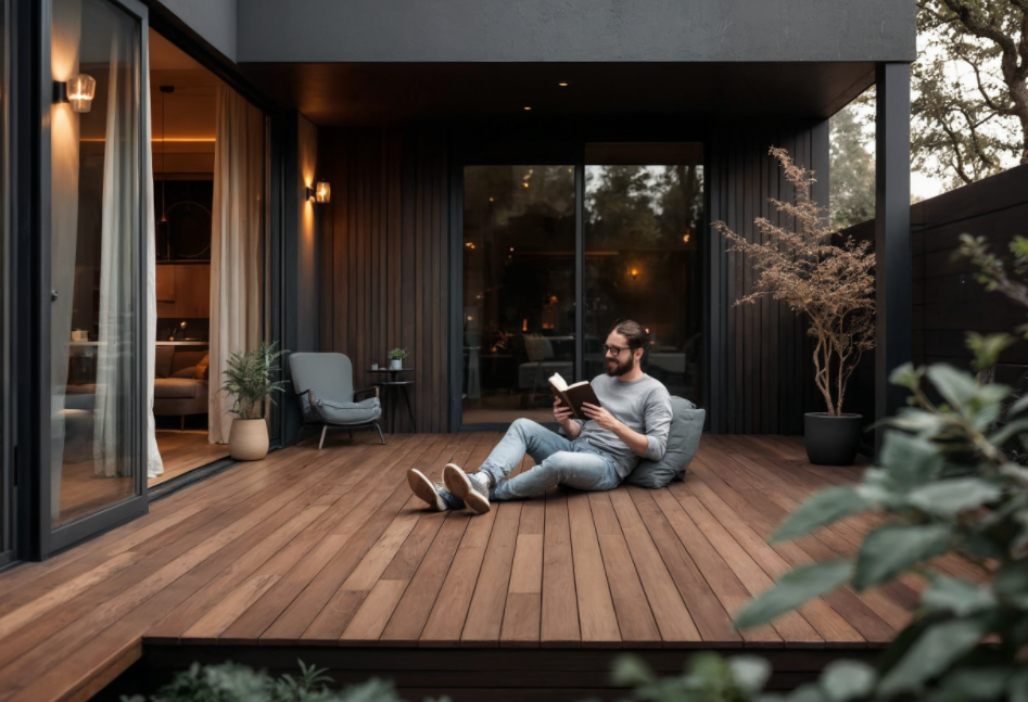 Nachhaltige Bambus-Terrassendielen Holguin in natürlicher Holzoptik auf einer stilvoll gestalteten Terrasse mit Pflanzen und Sitzmöbeln.