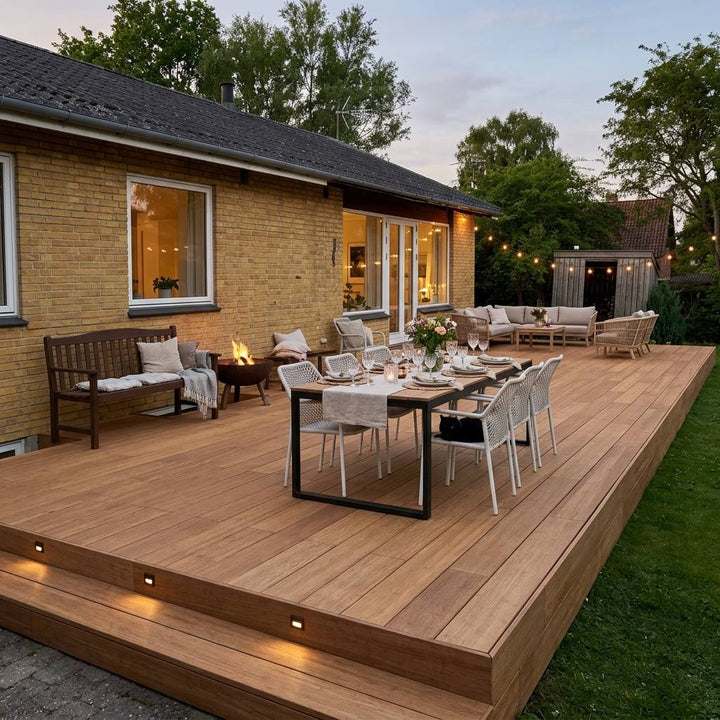 großzügige Terrasse, erstellt mit AMBOOO Closeddecking-Terrassendielen colon in natürlicher Holzoptik, ausgestattet mit modernen Essbereich und Loungemöbeln, vor einem Einfamilienhaus mit gelber Klinkerfassade.