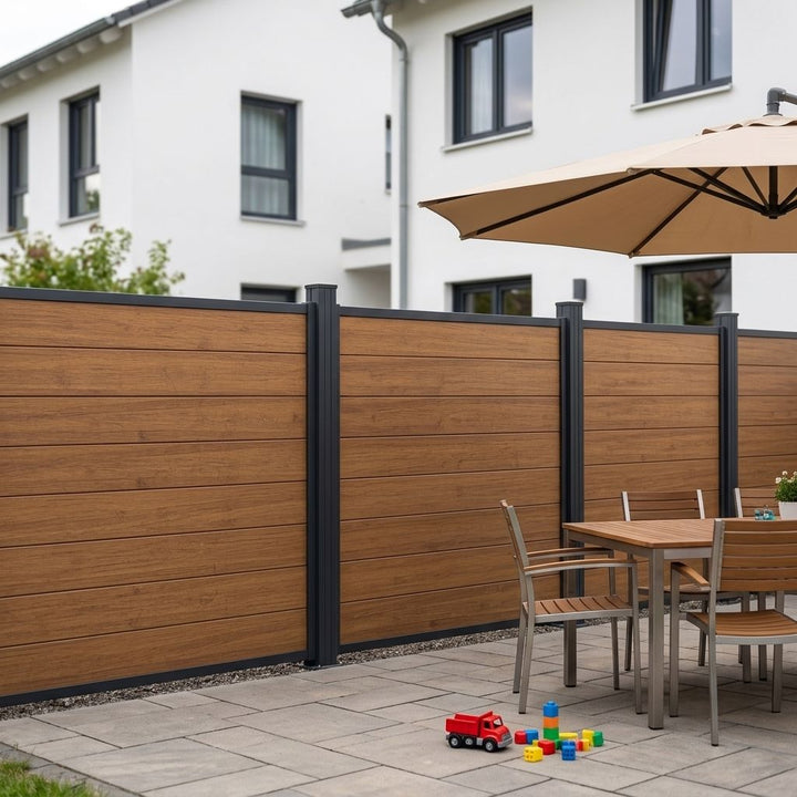 Bambus-Sichtschutzzaun mit anthrazitfarbenen Pfosten neben einer möblierten Terrasse mit Sonnenschirm.