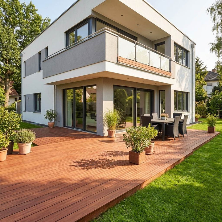 Großzügige Terrasse aus coffee Terrassendielen an einem modernen Einfamilienhaus mit Garten und Essbereich – langlebiger, pflegeleichter Terrassenbelag mit natürlicher Holzoptik.
