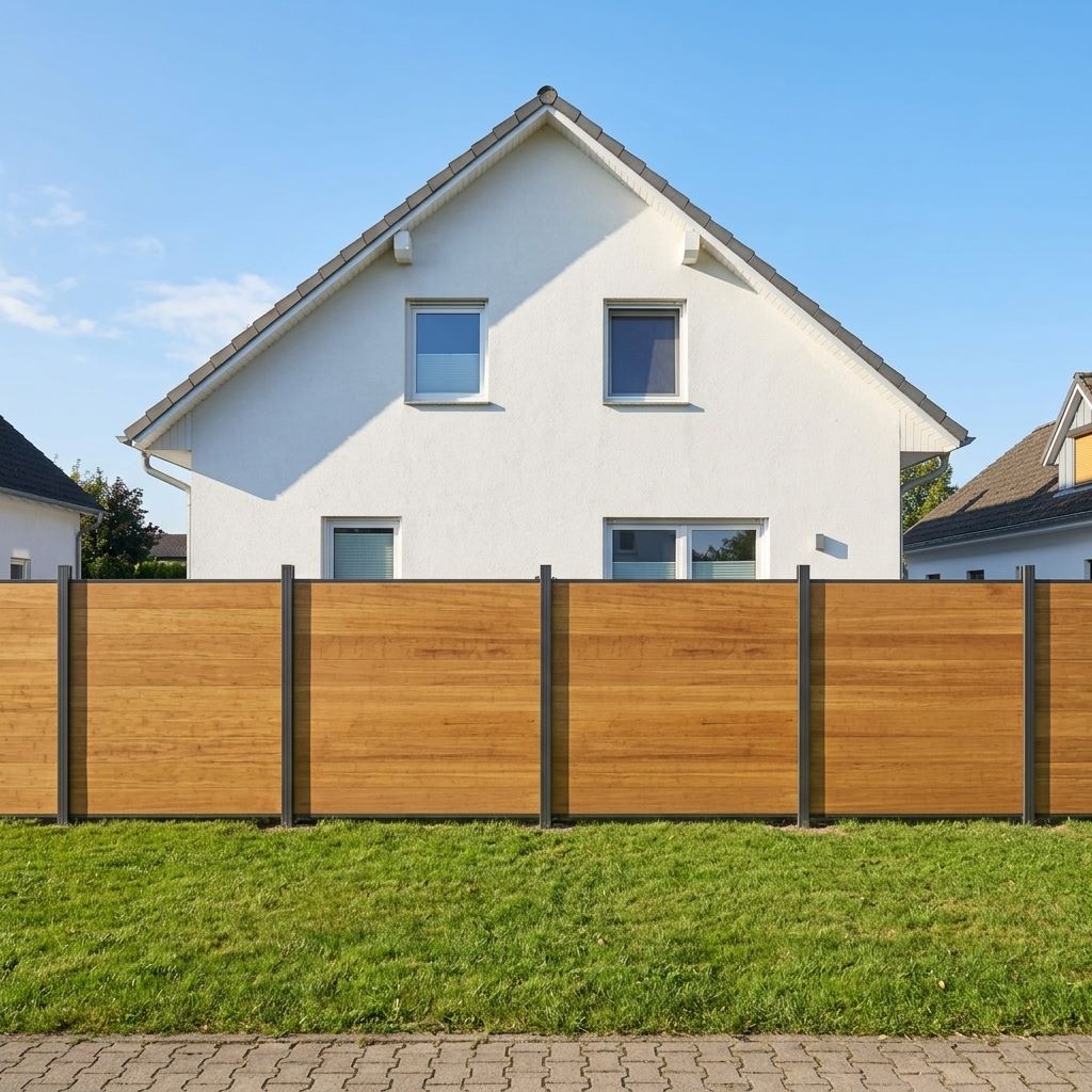 Sichtschutzzaun mit anthrazitfarbenen Pfosten hinter einer möblierten Terrasse mit Esstisch und Sonnenschirm.