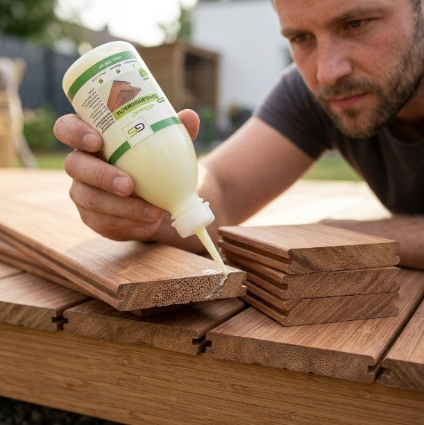 Eine Person trägt das Schutzmittel auf die Schnittkante einer Diele auf, um das Eindringen von Feuchtigkeit zu reduzieren und die Langlebigkeit des Materials zu erhöhen.