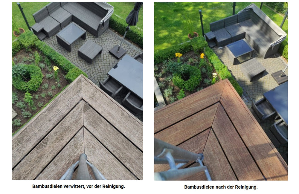 Ein mit Bambusdielen verwitterte Balkonbelag wurde mit dem AMBOOO Terrassenreiniger gesäubert und für das Ölen vorbereitet.