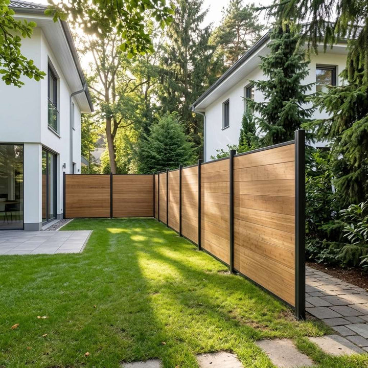 Sichtschutzzaun mit anthrazitfarbenen Pfosten entlang einer modern gestalteten Terrasse.