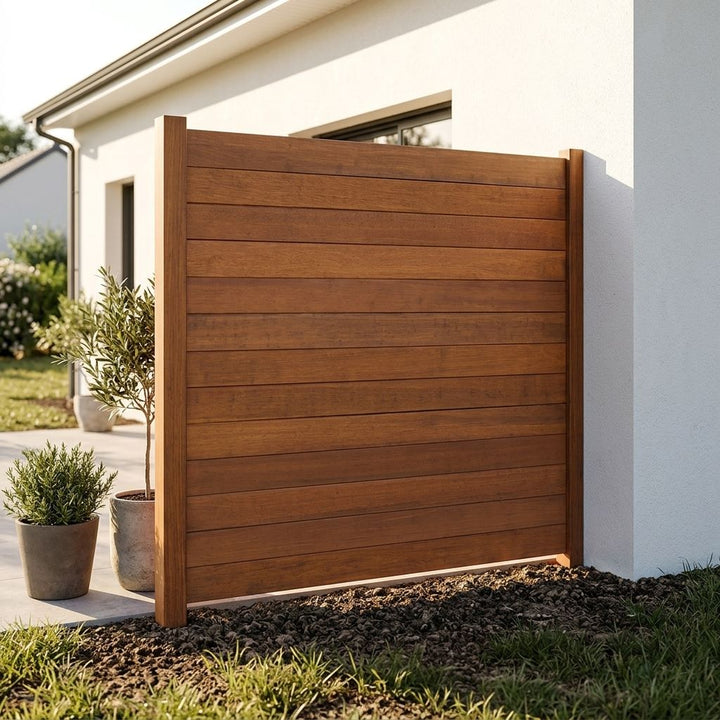 AMBOOO Deluxe Bambus-Sichtschutzzaun mit horizontalen Lamellen neben einer weißen Hauswand.