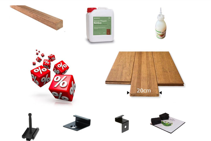 Collage mit Produkten und Zubehör für Bambus-Terrassendielen: links oben ein Bambus-Unterkonstruktionsbalken, mittig oben Bambus-Pflegeöl, rechts oben Bambus-Kleber. In der Mitte links Rabatt-Symbole mit Prozentzeichen, mittig rechts Bambus-Terrassendielen mit 20 cm Breite. Unten verschiedene Befestigungsclips und Abstandshalter für die Terrassenmontage. Die Darstellung zeigt Zubehör, Pflegeprodukte und Befestigungssysteme für Bambus-Terrassen.