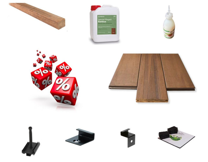 Das Bambus Terrassendielen Komplettpaket "Holguin" mit einer Unterkonstruktion aus Bambus und Montagematerial.