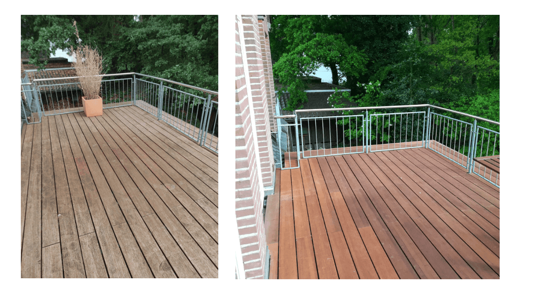 Vorher-Nachher Bild einer Bambusterrase: Verwitterte Terrassendielen werden durch Reinigung und Pflege sichtbar aufgefreischt und erhalten ihre natürliche Holzfarbe zurück.