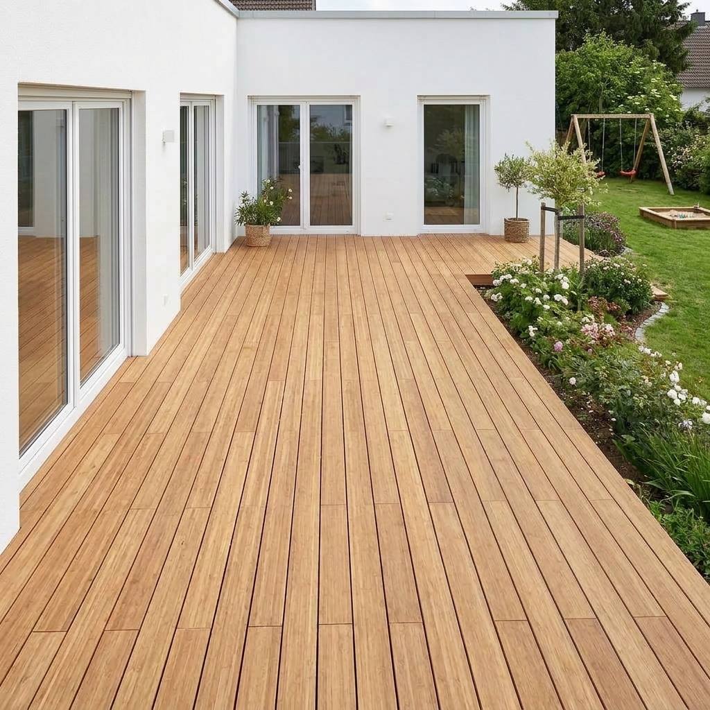 Großzügige Bambusholzterrasse mit zwei Sesseln, Glastisch und Glasgeländer vor einem weißen Wohnhaus mit Blick in den Garten.