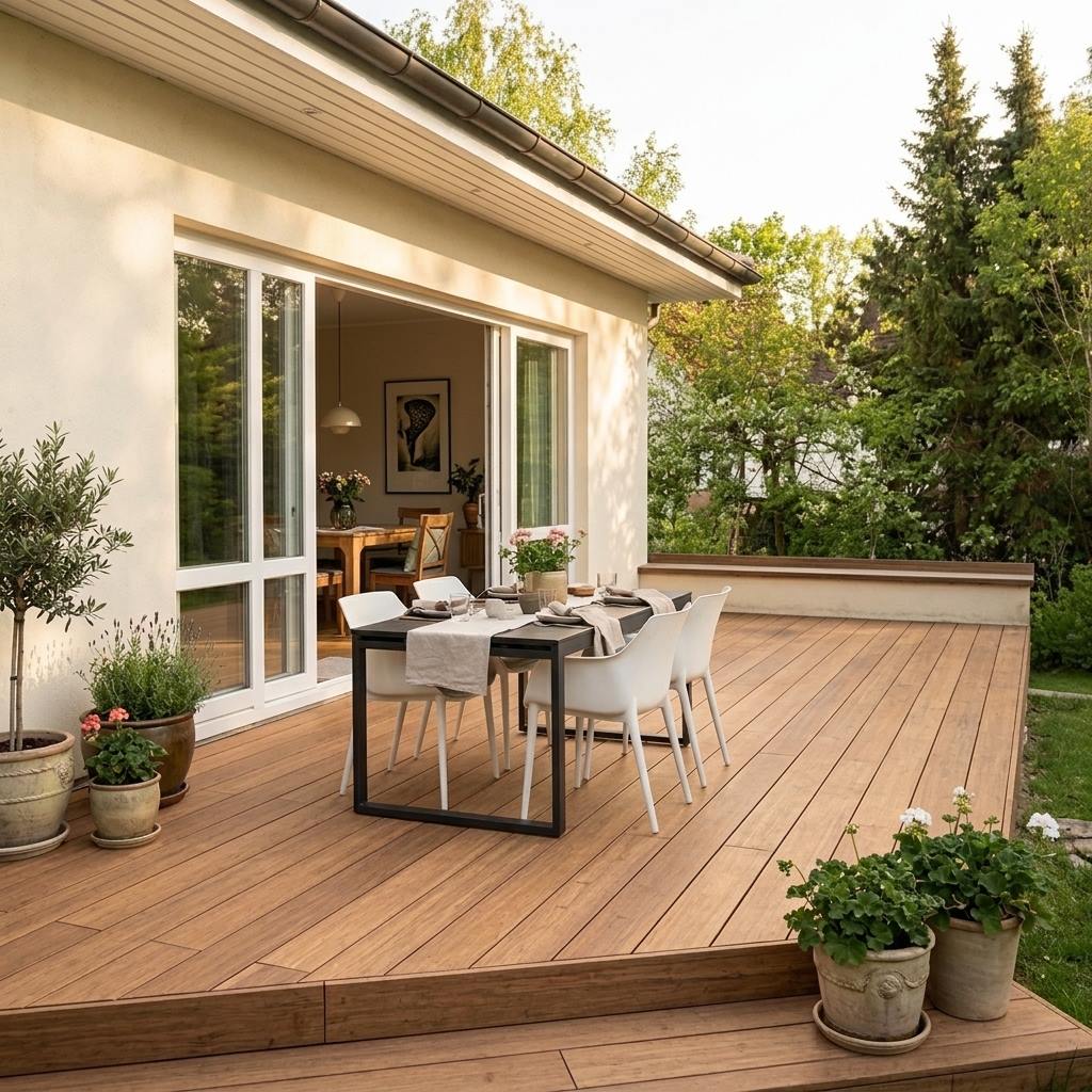 Holzterrasse mit gedecktem Esstisch, Sitzmöbeln und zahlreichen Topfpflanzen an einem Wohnhaus.
