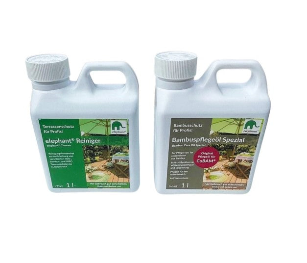 Zwei 1-Liter-Pflegeprodukte von Elephant für Bambus- und Terrassenschutz: Elephant Reiniger zur Reinigung von Bambus- und WPC-Oberflächen sowie Bambus-Pflegeöl Spezial zur Pflege und zum Schutz von Bambus im Außenbereich. Beide Produkte sind in weißen Kunststoffflaschen mit Tragegriff abgebildet.