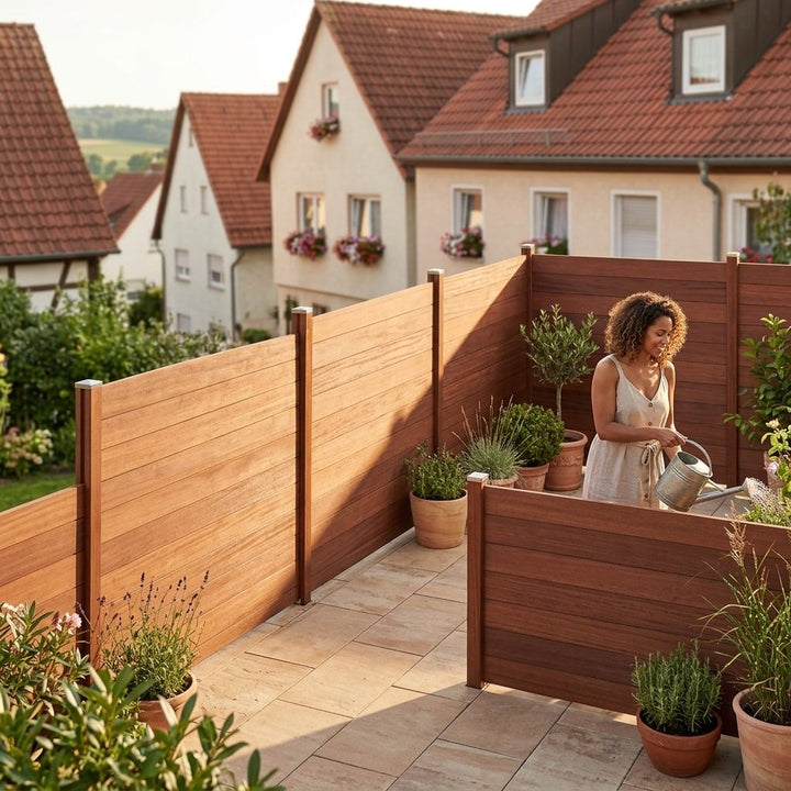 Frau gießt Pflanzen auf einer Terrasse mit hohen braunen Holz-Sichtschutzwänden und mehreren Pflanzkübeln; im Hintergrund stehen Wohnhäuser mit roten Dächern.