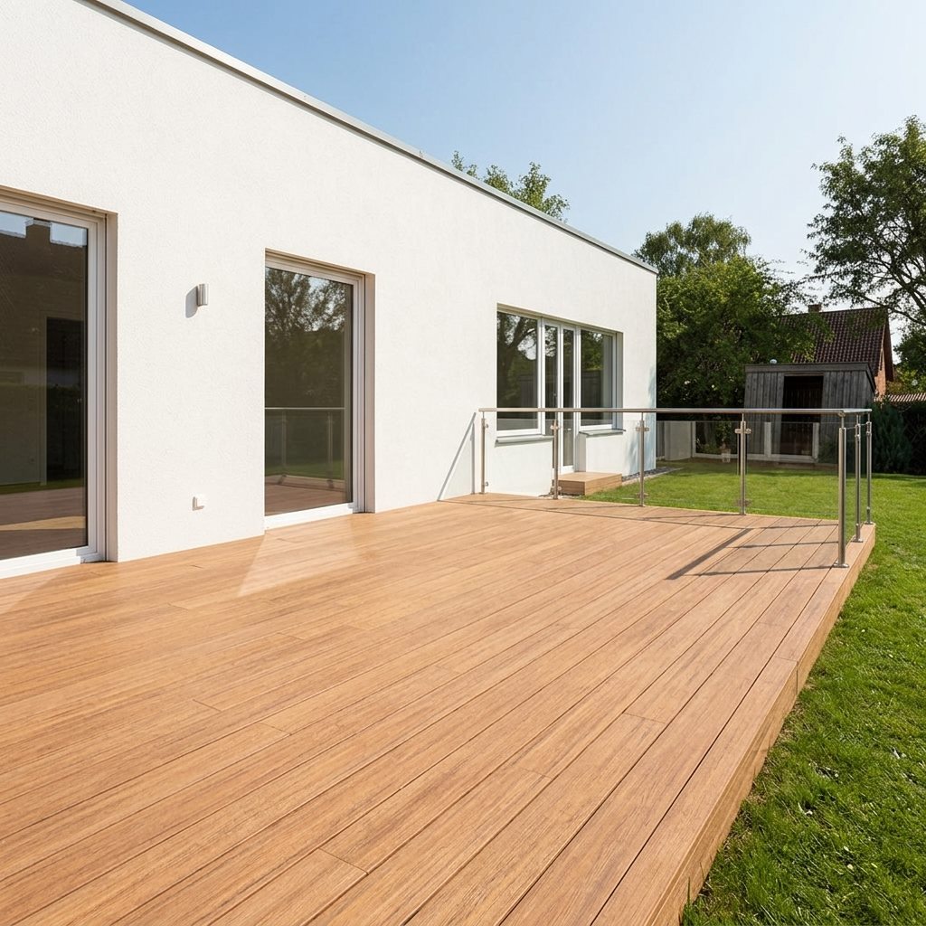 Große Holzterrasse mit transparentem Metallgeländer an einem modernen weißen Wohnhaus mit Garten.