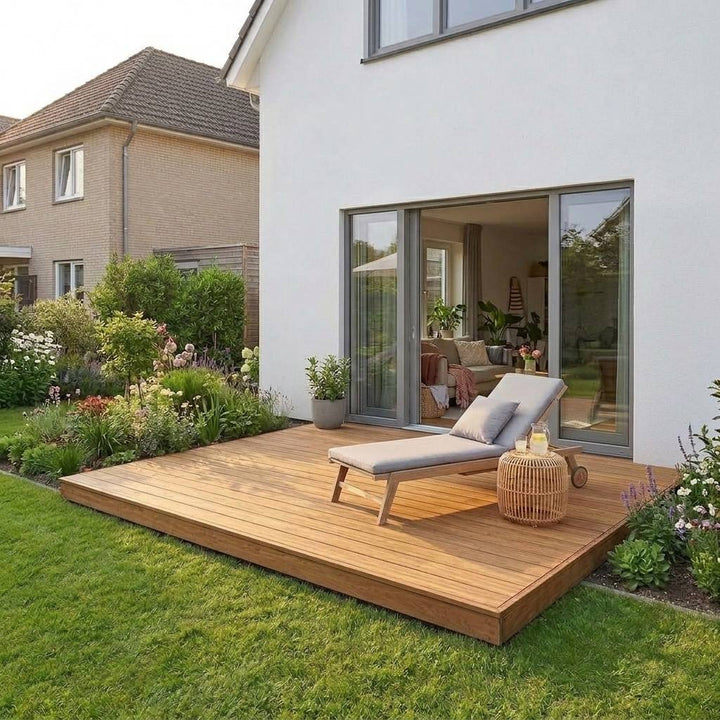 Moderne Bambus-Terrasse mit Sonnenliege vor einem weißen Wohnhaus, umgeben von einem blühenden Garten.