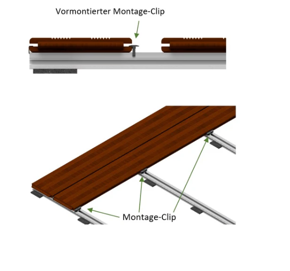 Verdeckte Clip-Befestigung von Bambus-Terrassendielen auf Aluminium-Unterkonstruktion im Querschnitt dargestellt. Anwendungsbeispiel.