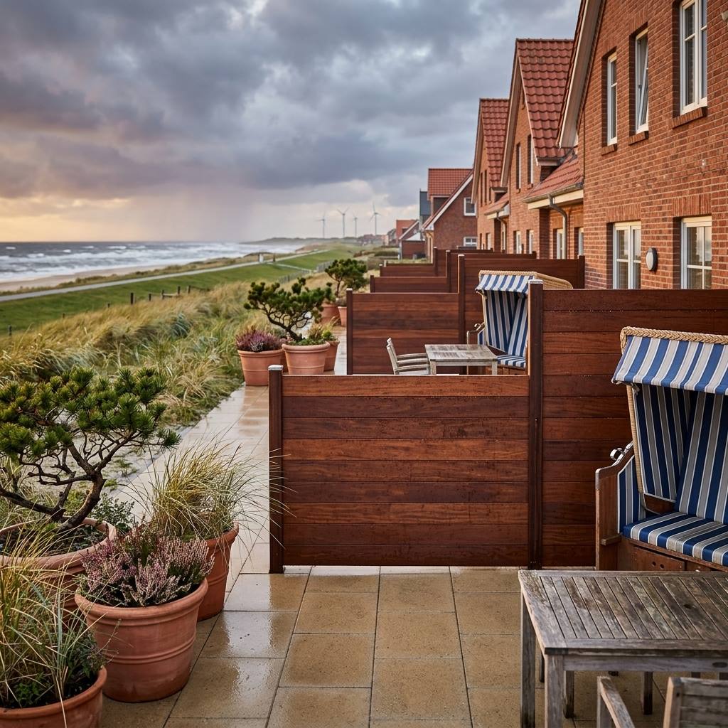 Reihe windgeschützter Terrassen mit braunen Holz-Sichtschutzwänden und Strandkörben vor Backsteinhäusern; links liegen Dünen und die stürmische Nordsee.