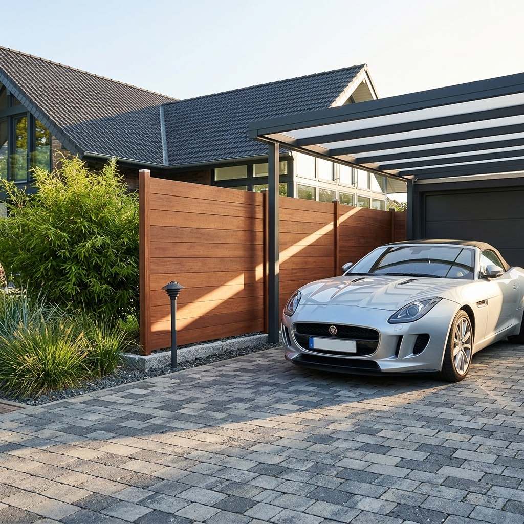 Silbernes Cabriolet unter einem modernen Carport neben einer braunen Holz-Sichtschutzwand; im Hintergrund stehen ein Wohnhaus und dichte Gartenpflanzen