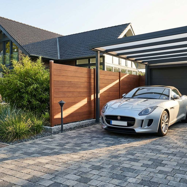 Silbernes Cabriolet unter einem modernen Carport neben einer braunen Holz-Sichtschutzwand; im Hintergrund stehen ein Wohnhaus und dichte Gartenpflanzen