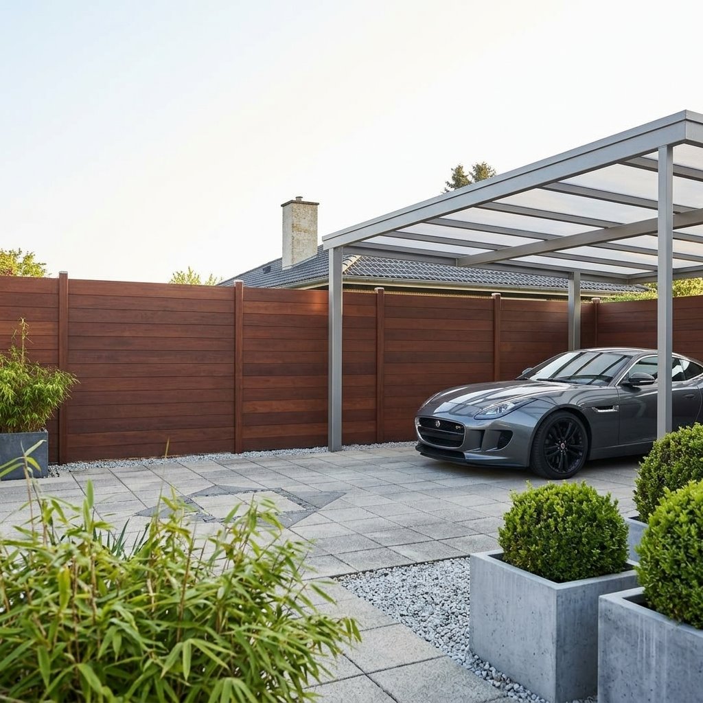 Graues Auto unter einem modernen Carport vor einer hohen braunen Holz-Sichtschutzwand; im Vordergrund stehen bepflanzte Kübel und Bambus.