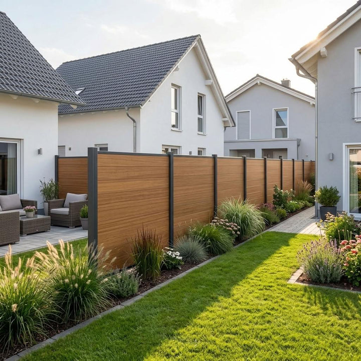 Sichtschutzzaun mit anthrazitfarbenen Pfosten als Abtrennung zwischen zwei modernen Terrassen. Auf einer Terrasse mit einem Esstisch und auf der anderen Terrasse mit einem Liegestuhl