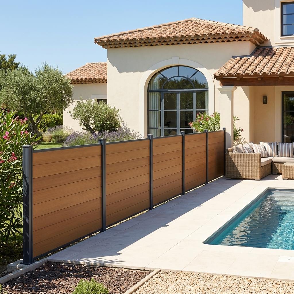 Brauner Bambus-Sichtschutzzaun mit anthrazitfarbenen Pfosten entlang einer Poolterrasse vor einem mediterranen Wohnhaus.