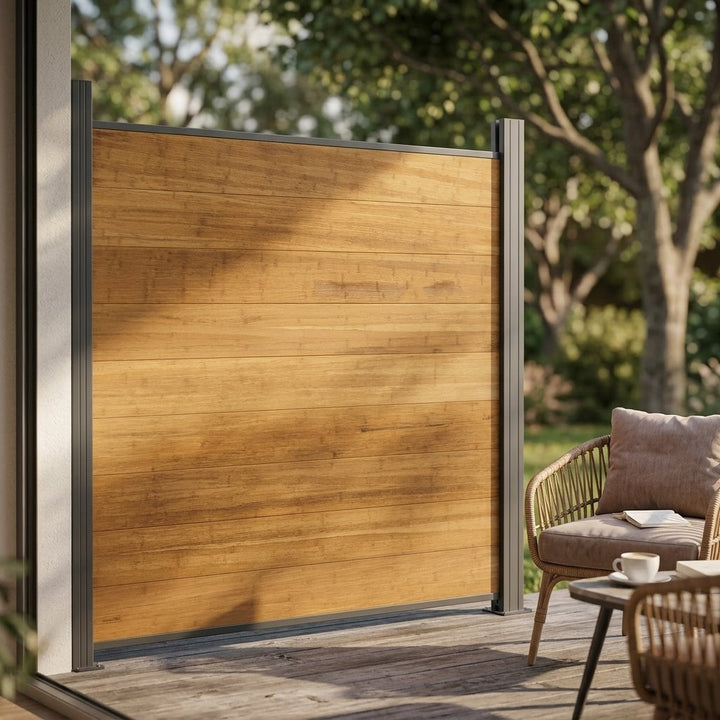 Bambus-Sichtschutzzaun in der Farbe Sand mit anthrazitfarbenen Pfosten zwischen zwei modern gestalteten Terrassen.