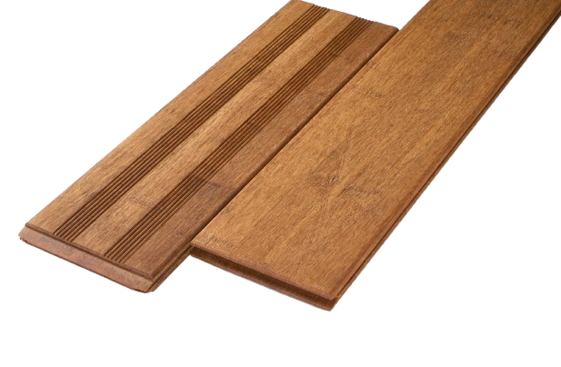 Braune Bambus-Terrassendielen mit geriffelter und glatter Oberfläche und natürlicher Holzmaserung in horizontaler Anordnung.