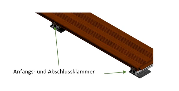 Terrassendielen-System mit Anfangs- und Abschlussklammer für eine unsichtbare Befestigung. Saubere Kantenoptik, einfache Montage und langlebige Konstruktion für moderne Terrassenflächen.