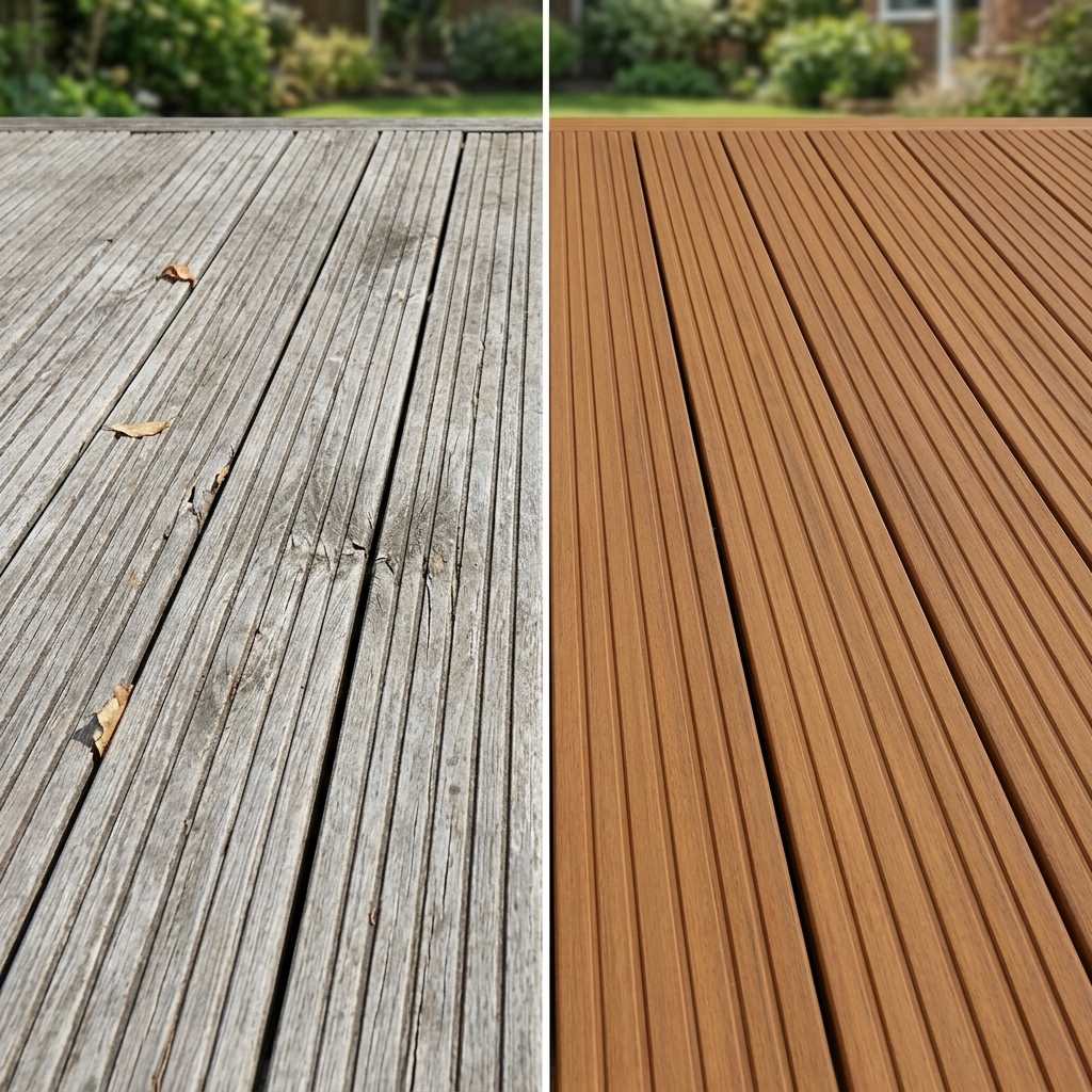 Vergleich von verwitterten grauen Bambus-Terrassendielen und frisch gereinigten sowie geölten Dielen.