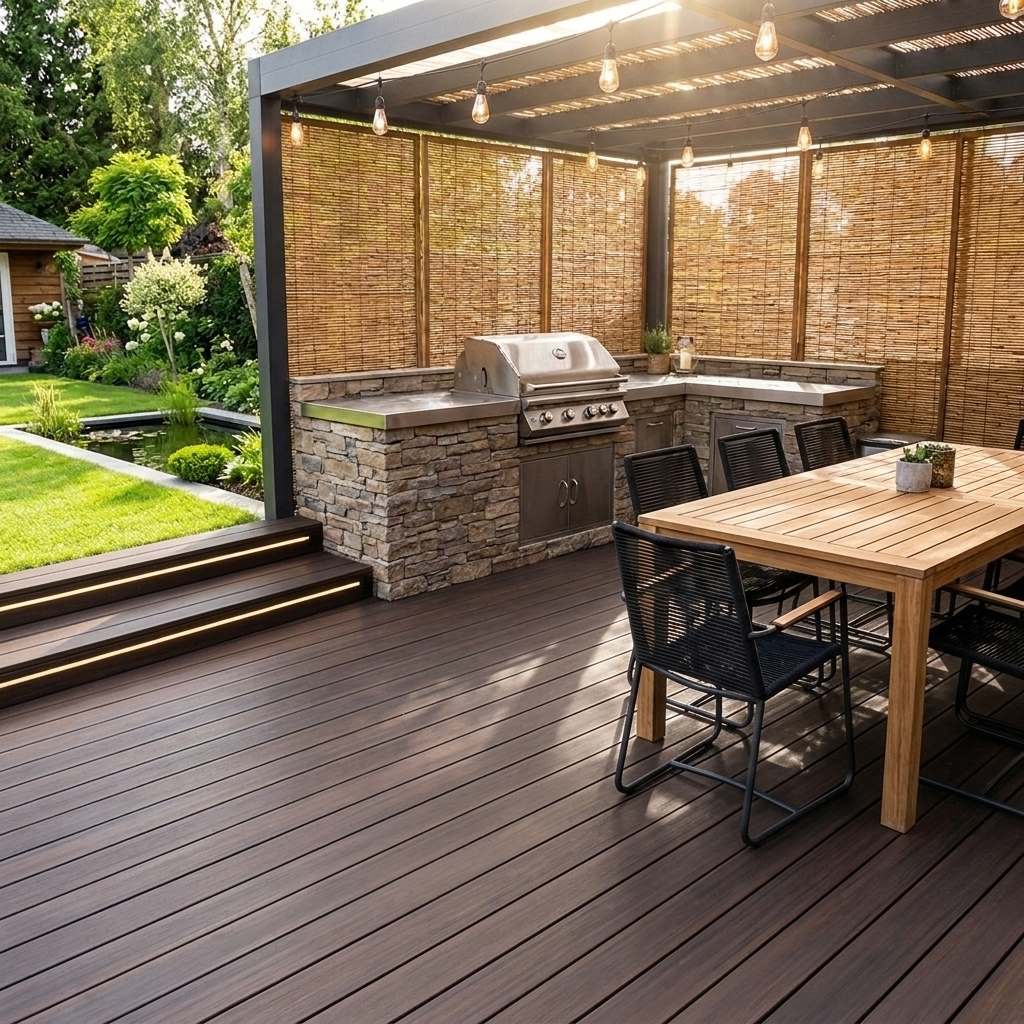 Überdachte Gartenterrasse mit dunklen Dielen, Outdoor-Küche samt Grill, großem Esstisch, Bambus-Sichtschutz und Lichterkette.