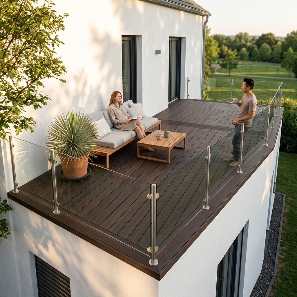 Moderne Dachterrasse mit dunkelbraunen Terrassendielen, Glasgeländer, Loungemöbeln und Blick ins Grüne.