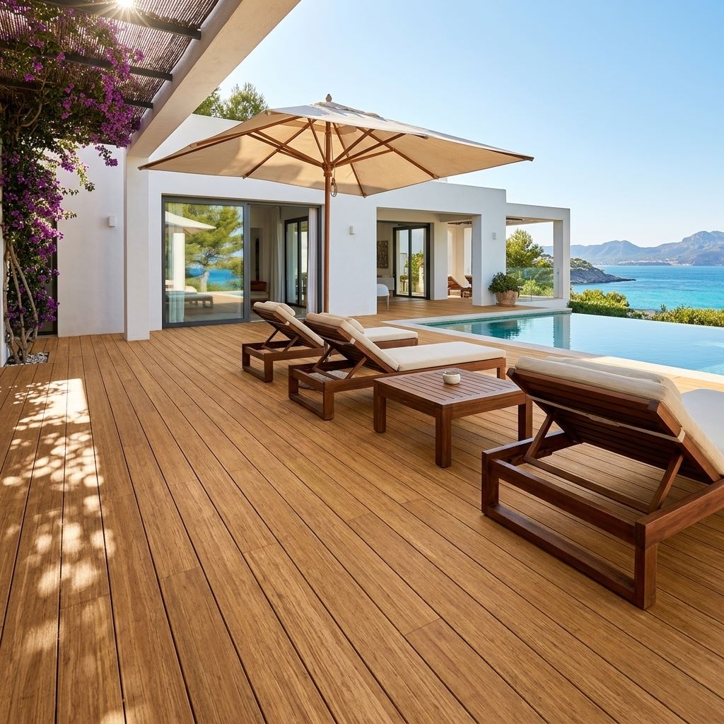 Luxuriöse Poolterrasse mit Terrassendielen, Sonnenliegen und Meerblick – langlebiger, pflegeleichter Terrassenbelag mit natürlicher Holzoptik für exklusive Außenbereiche.