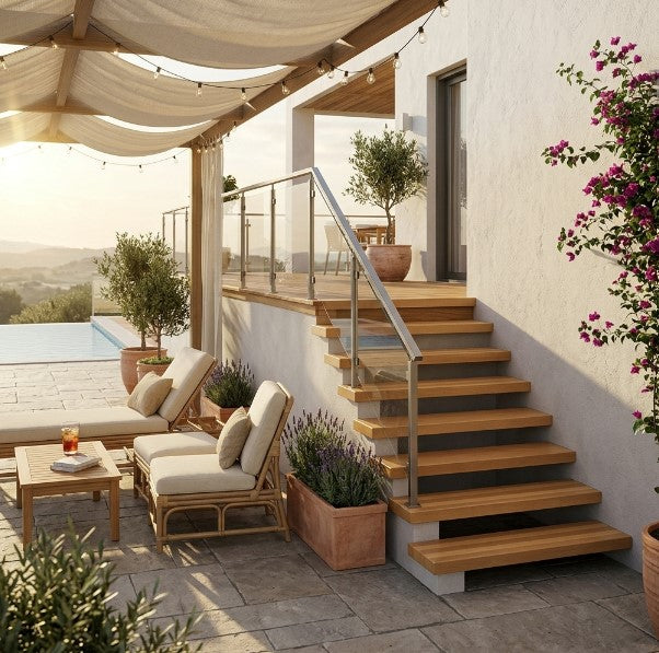 Moderne Außentreppe aus Bambus mit Edelstahl-Glasgeländer verbindet die Terrasse mit dem Sitzbereich und sorgt für einen eleganten Übergang im Außenbereich.
