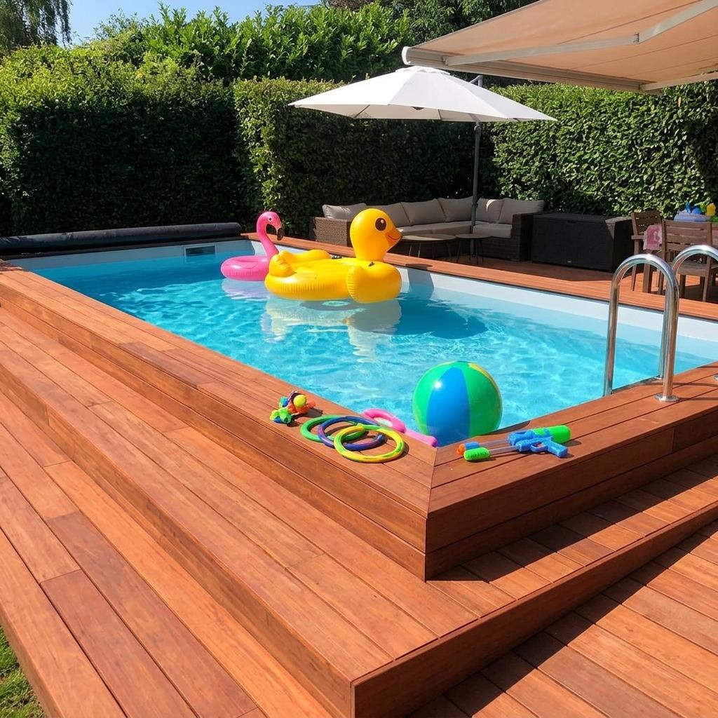 Pool mit umlaufender Holzterrasse, Lounge-Möbeln, Sonnenschirmen und buntem Badespielzeug in einem von Hecken umgebenen Garten.