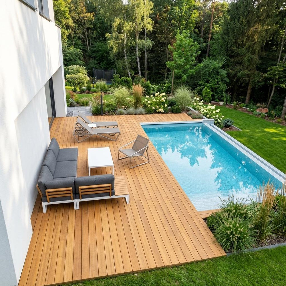 Großzügige Poolterrasse aus Colon Closeddecking Bambus-Terrassendielen mit Loungegruppe, Sonnenliegen und gepflegter Gartenlandschaft.