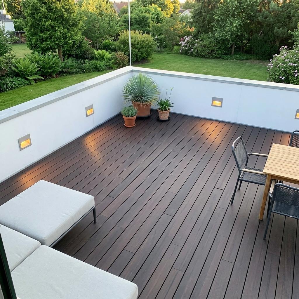 Großzügige Dachterrasse mit dunkelbraunen Terrassendielen, Sitzmöbeln, Pflanzkübeln und Blick in einen grünen Garten.