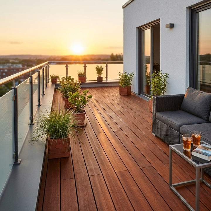 Moderne Dachterrasse mit Holzdielen, Glasgeländer, Sitzmöbeln und Kübelpflanzen im warmen Licht des Sonnenuntergangs.