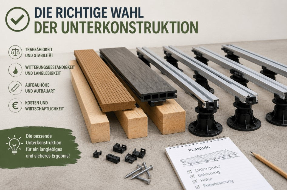 Ratgeber zur Wahl der richtigen Unterkonstruktion für Terrassendielen mit Bambus- und Aluminium-Unterkonstruktionen sowie Stelzlagern