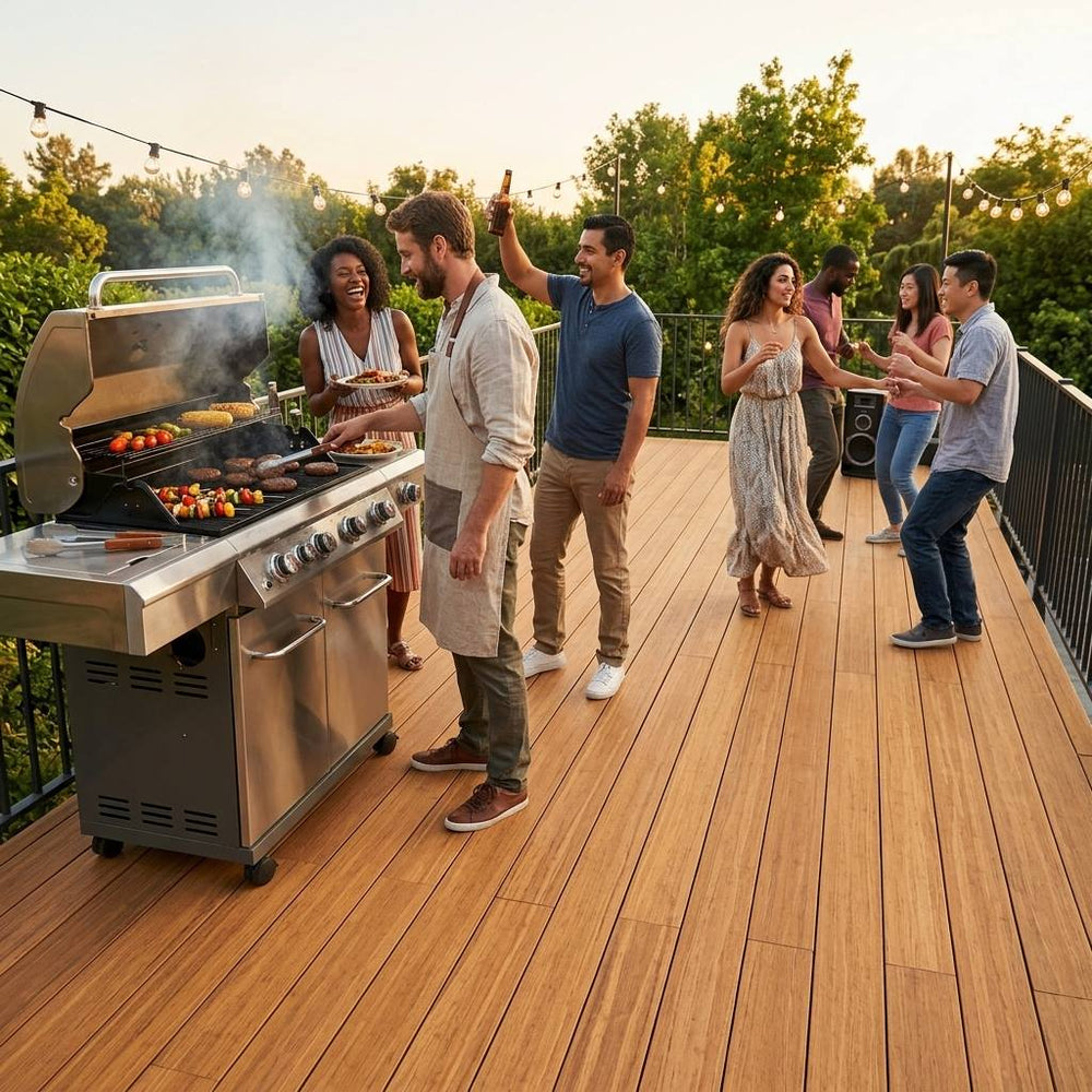 Freunde feiern bei Sonnenuntergang eine Grillparty auf einer großzügigen Bambusterrasse mit Lichterkette und Blick ins Grüne.