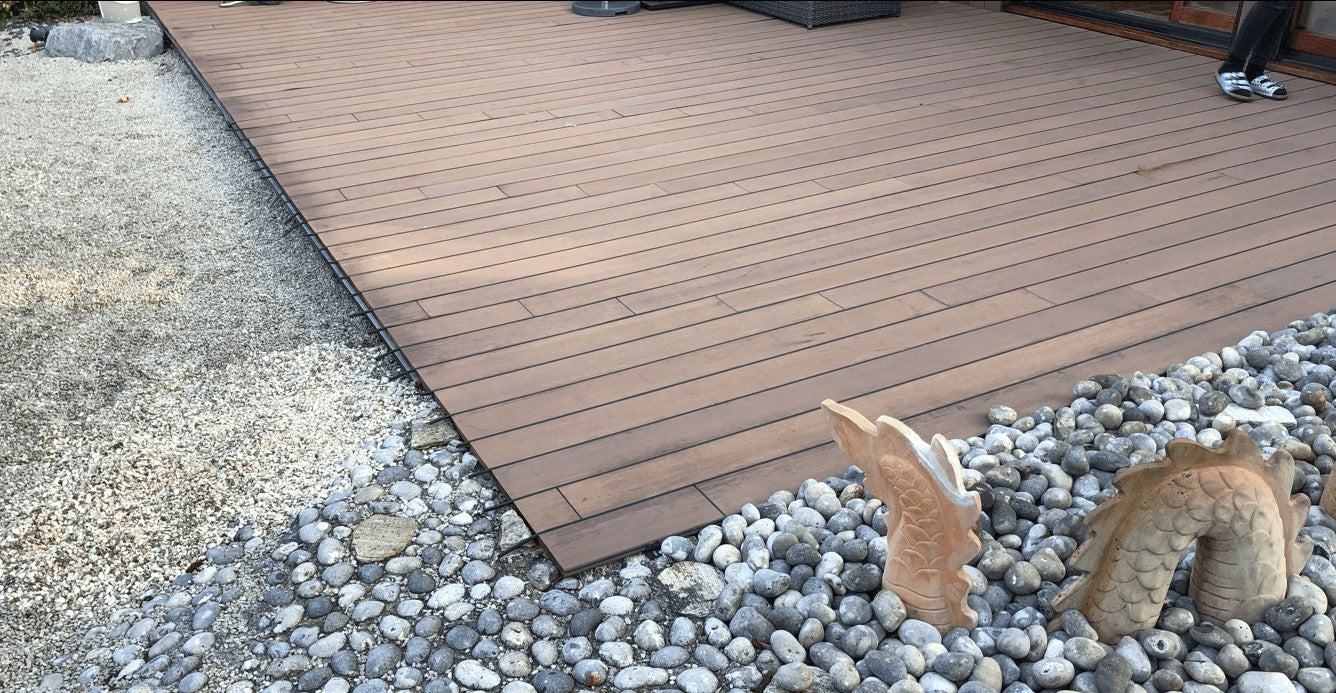 Großzügige Terrasse in Holzoptik mit sauberem Abschluss zu Kies- und Natursteinflächen. Im Vordergrund befindet sich ein dekoratives Kiesbeet mit einer Drachenfigur aus Terrakotta