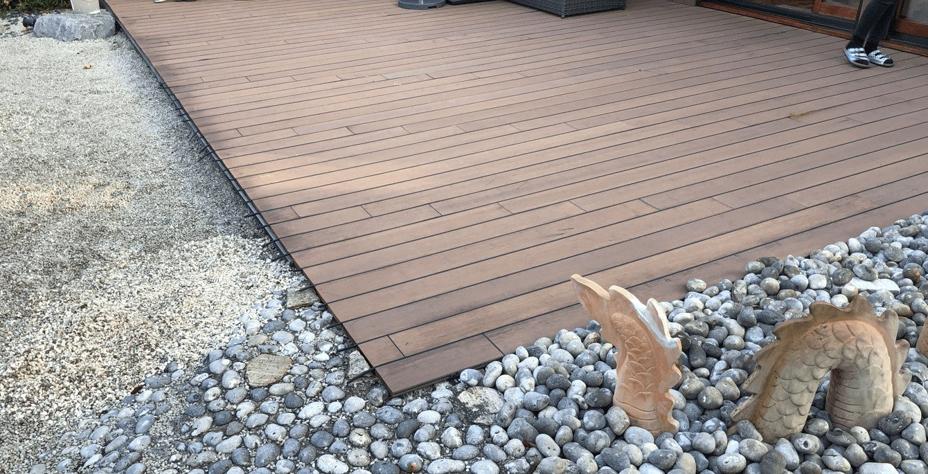 Großzügige Terrasse in Holzoptik mit sauberem Abschluss zu Kies- und Natursteinflächen. Im Vordergrund befindet sich ein dekoratives Kiesbeet mit einer Drachenfigur aus Terrakotta