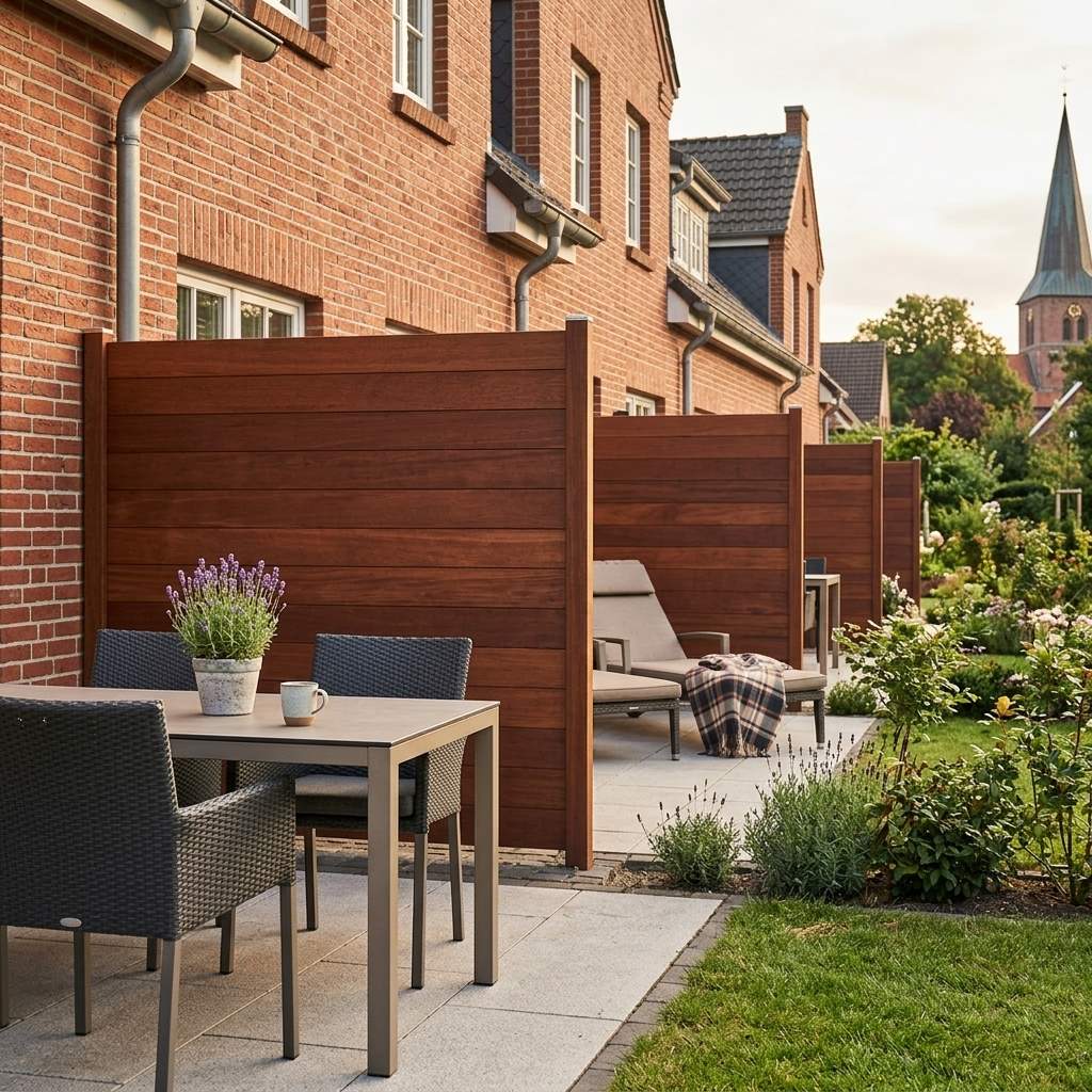 Terrasse mit Essplatz und Liegestuhl, abgeschirmt durch hohe Holzelemente neben einem roten Backsteinhaus mit Gartenblick.