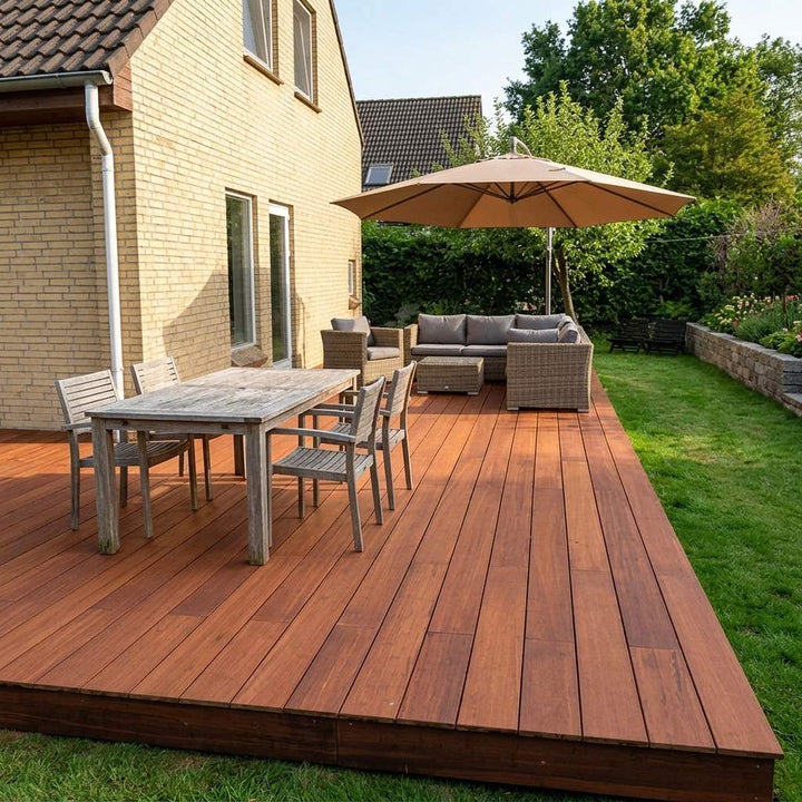 Großzügige Holzterrasse an einem Wohnhaus mit Esstisch, Lounge-Möbeln und Sonnenschirm neben einer gepflegten Rasenfläche