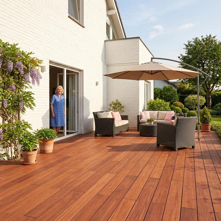 Ältere Frau steht auf einer großzügigen Holzterrasse vor einem weißen Haus mit Lounge-Möbeln, Sonnenschirm und üppiger Gartenbepflanzung.