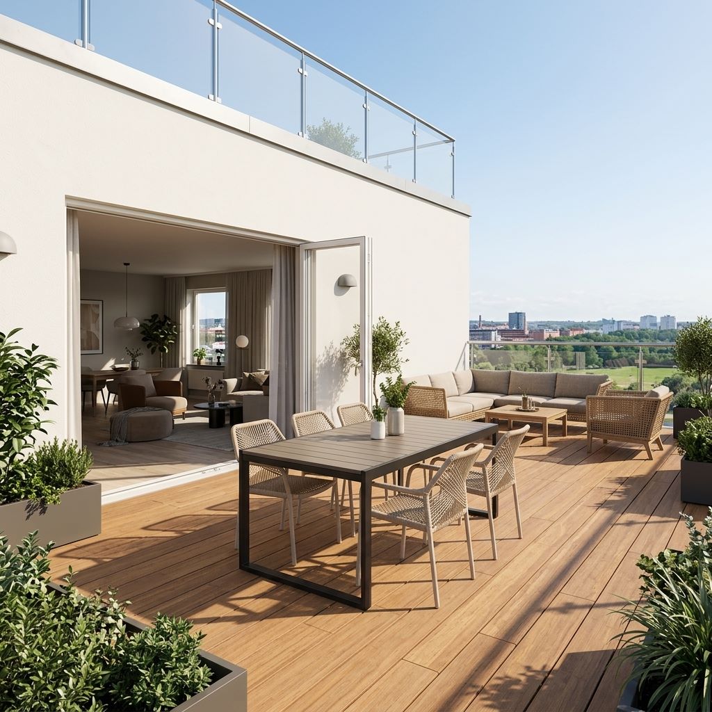 Großzügige Closeddeck Holzterrasse mit Esstisch, Lounge-Möbeln, Pflanzkübeln und weitem Blick über die Stadt.