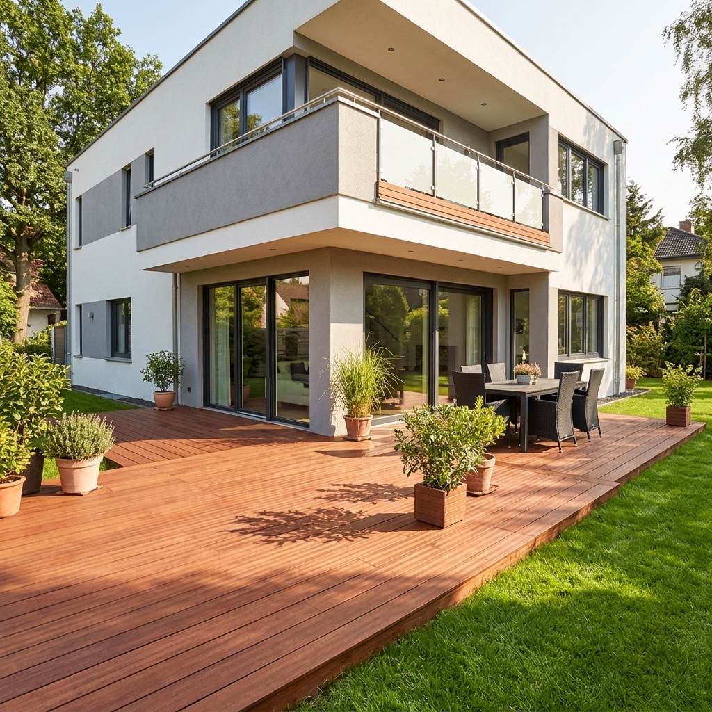 Großzügige Terrasse aus coffee Terrassendielen an einem modernen Einfamilienhaus mit Garten und Essbereich – langlebiger, pflegeleichter Terrassenbelag mit natürlicher Holzoptik.