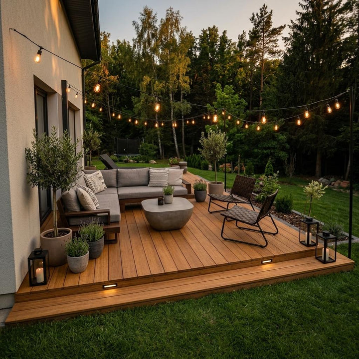 Moderne Gartenterrasse aus Campoverde Terrassendielen mit Loungemöbeln, stimmungsvoller Beleuchtung und Lichterkette in der Abenddämmerung.