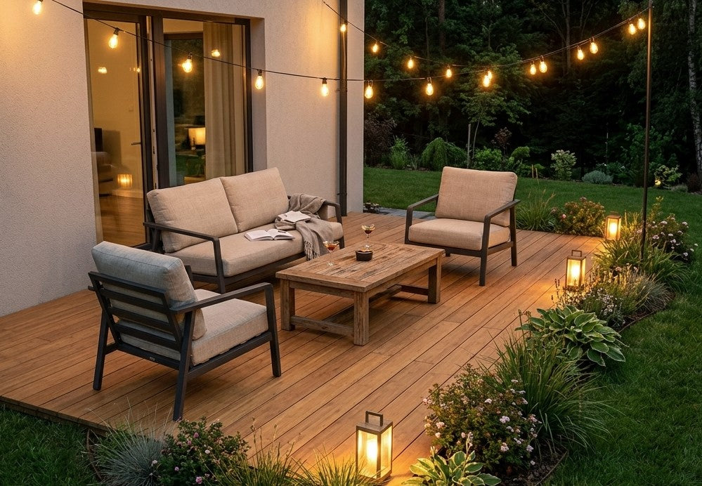 Gemütliche Gartenterrasse aus Closeddeck Christobal Terrassendielen mit Sitzgruppe, Holztisch und stimmungsvoller Außenbeleuchtung in der Abenddämmerung.