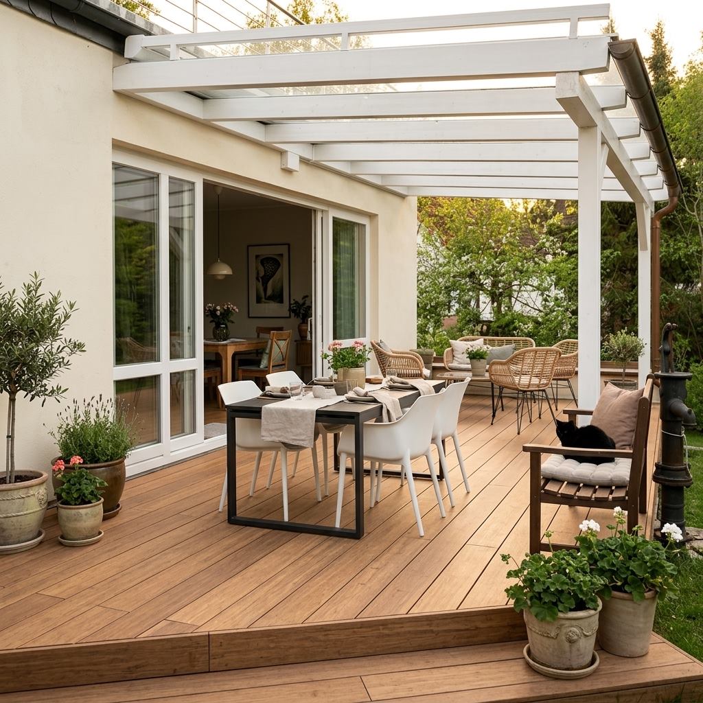 Überdachte Closeddeck Holzterrasse mit gedecktem Esstisch, Sitzmöbeln und zahlreichen Topfpflanzen an einem Wohnhaus.