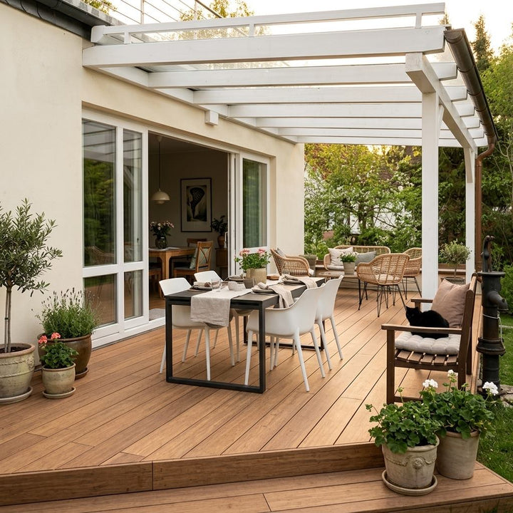 Überdachte Closeddeck Holzterrasse mit gedecktem Esstisch, Sitzmöbeln und zahlreichen Topfpflanzen an einem Wohnhaus.
